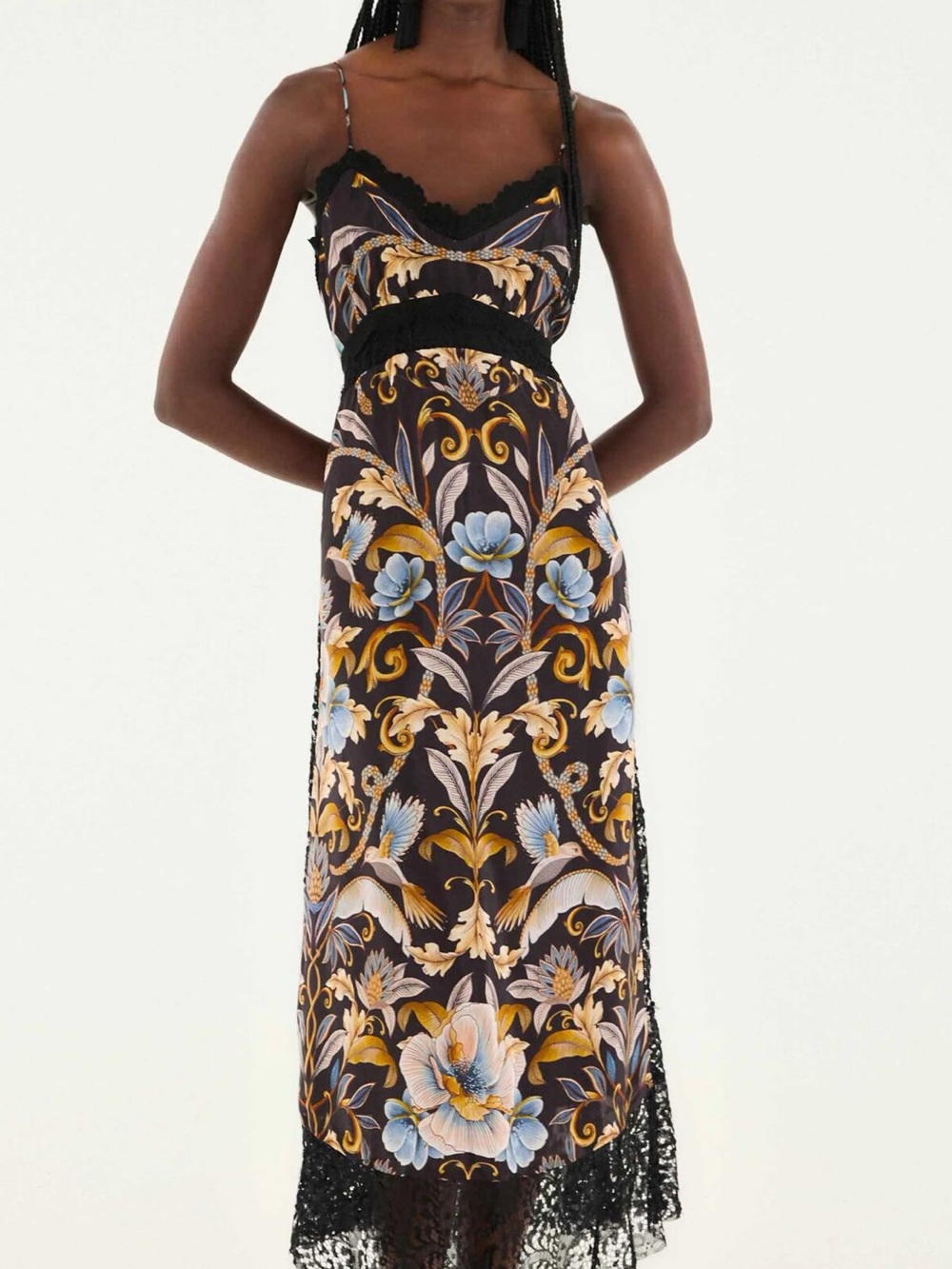FARM Rio Black Midi Slip Dress with Gold & Blue Floral Print